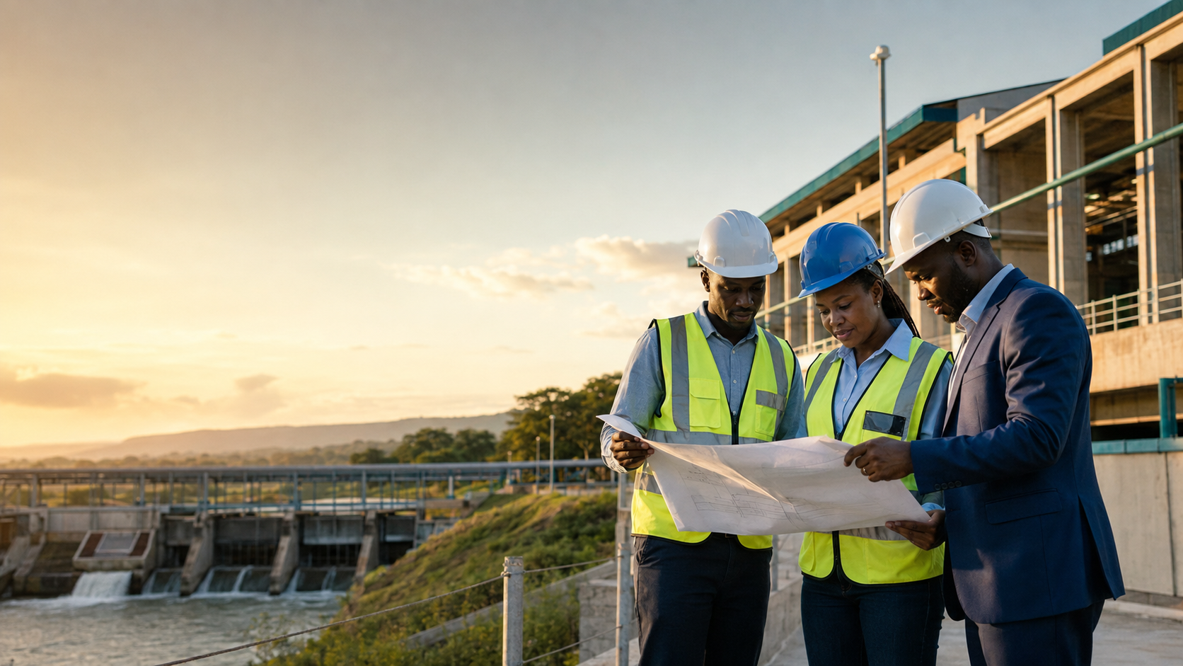 Kenyan engineers reviewing project plans at an infrastructure development site